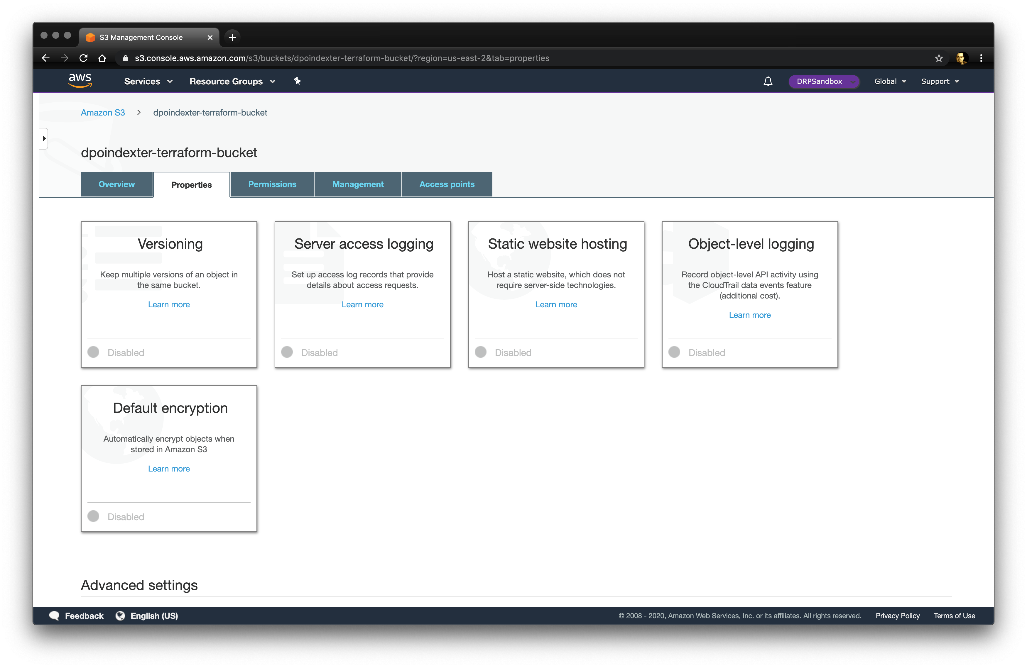 Default bucket settings with no encryption